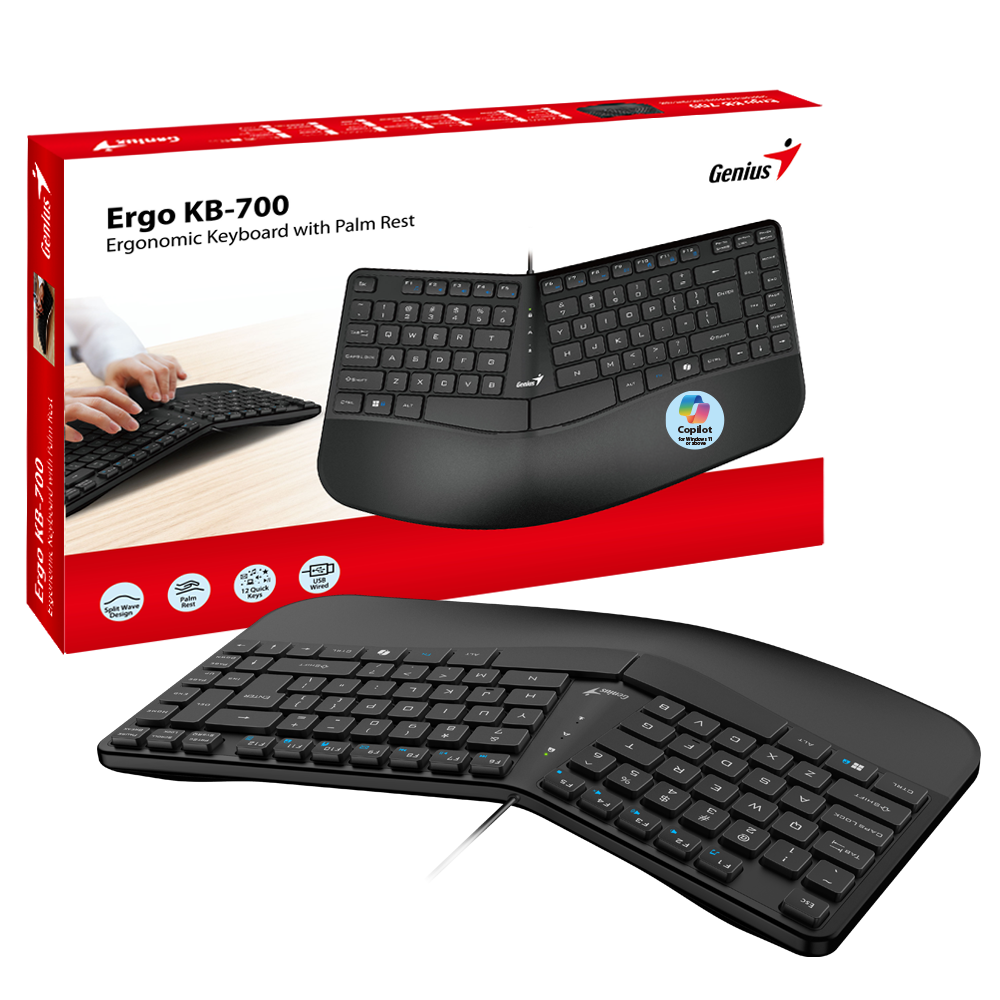 מקלדת ארגונומית Genius Ergo KB-700 – חוטית USB – מקשי Chocolate – שחור