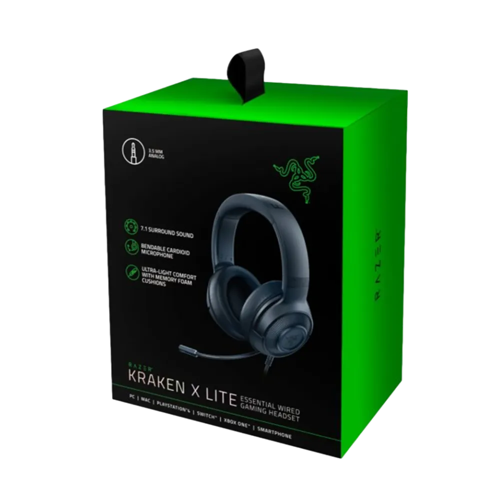 אוזניות גיימינג Razer Kraken X Lite – סראונד 7.1 – דרייברים 40 מ"מ – משקל 230 גרם – חיבור 3.5 מ"מ