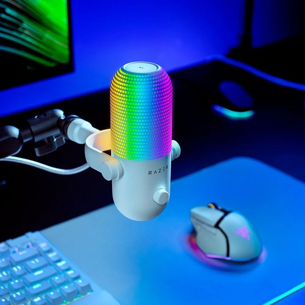 מיקרופון Razer Seiren V3 Chroma – קונדנסר USB – 96kHz/24bit – דפוס סופר-קרדיואיד – תאורת Chroma RGB – השתקה במגע – צבע לבן