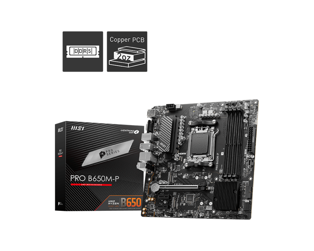 לוח אם MSI PRO B650M-P – ערכת שבבים AMD B650 – תושבת AM5 – זיכרון DDR5 עד 256GB ב-4 חריצים – 2 חריצי M.2 – 4 יציאות SATA III – רשת 2.5Gb