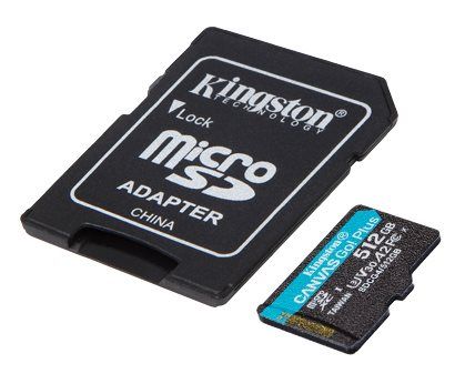 כרטיס זיכרון Kingston Canvas Go Plus G4 microSDXC בנפח 512GB במהירות 200MB/s (A2 U3 V30) כולל מתאם
