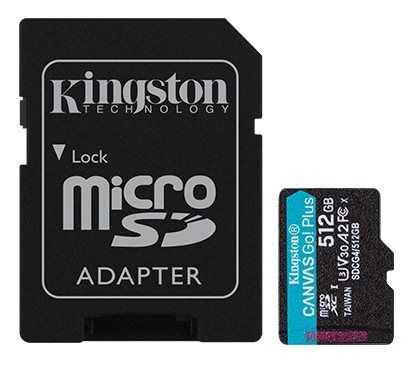 כרטיס זיכרון Kingston Canvas Go Plus G4 microSDXC בנפח 512GB במהירות 200MB/s (A2 U3 V30) כולל מתאם