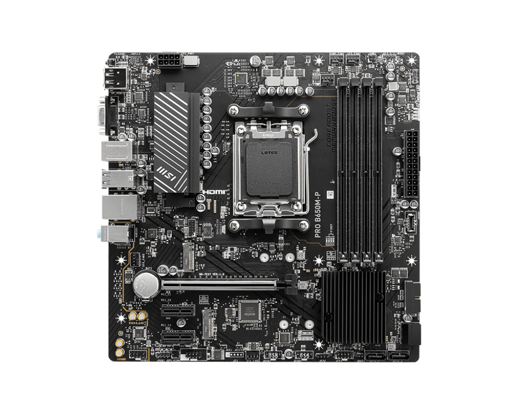 לוח אם MSI PRO B650M-P – ערכת שבבים AMD B650 – תושבת AM5 – זיכרון DDR5 עד 256GB ב-4 חריצים – 2 חריצי M.2 – 4 יציאות SATA III – רשת 2.5Gb
