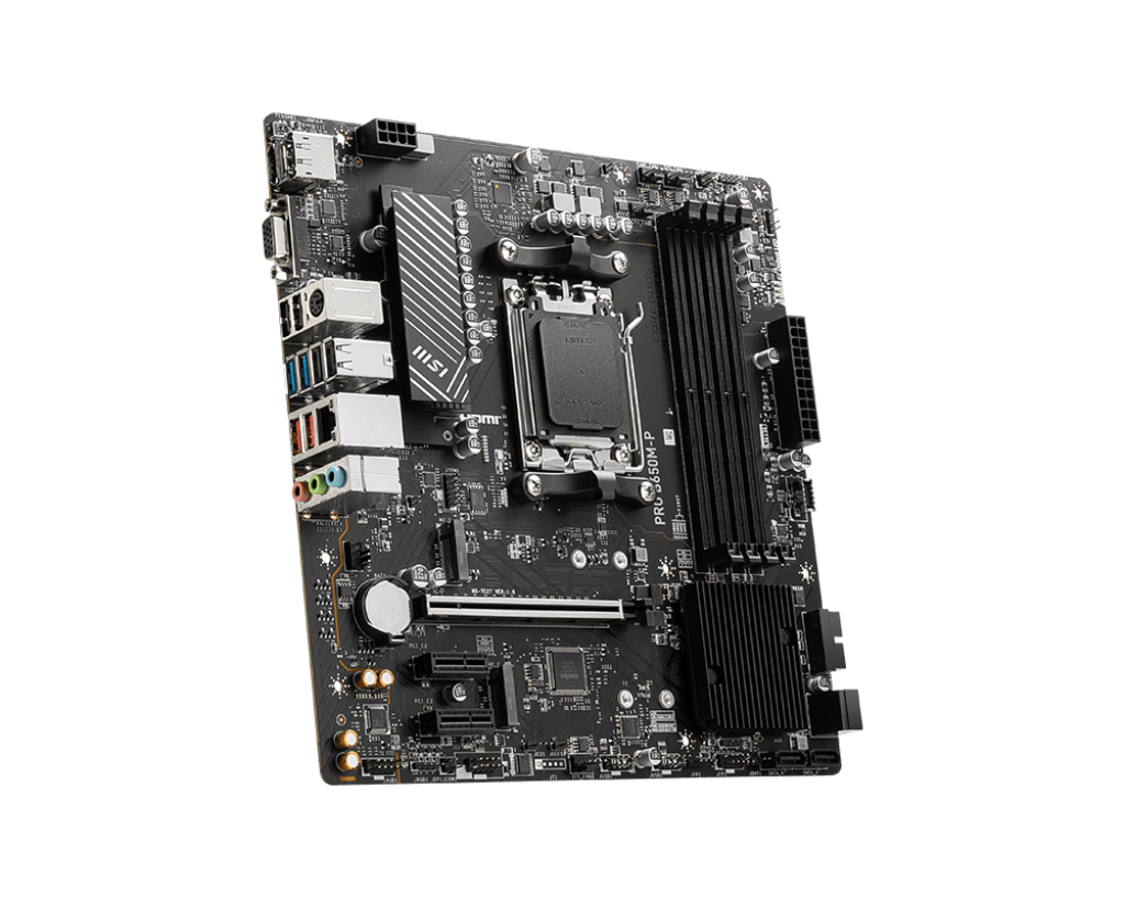 לוח אם MSI PRO B650M-P – ערכת שבבים AMD B650 – תושבת AM5 – זיכרון DDR5 עד 256GB ב-4 חריצים – 2 חריצי M.2 – 4 יציאות SATA III – רשת 2.5Gb