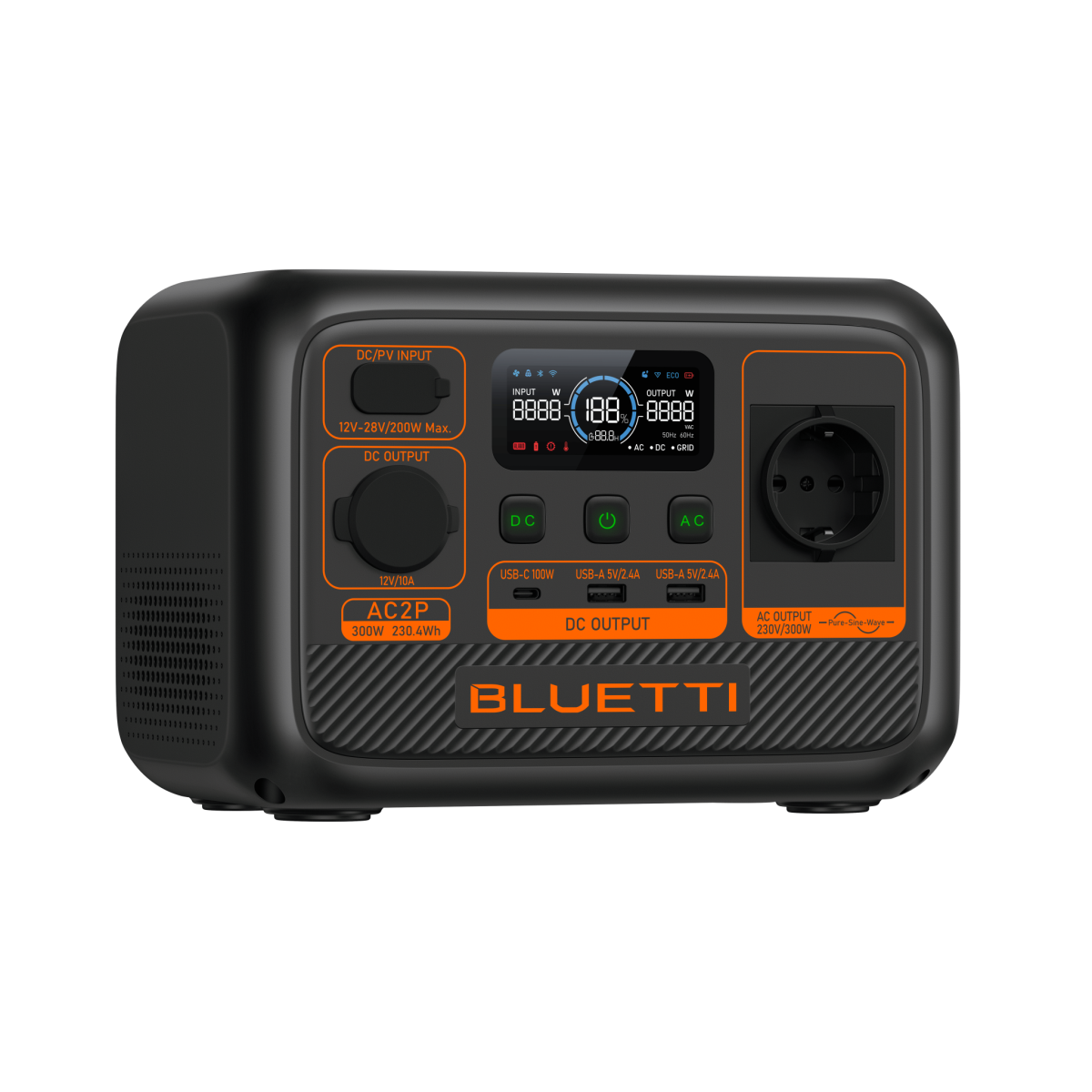תחנת כוח ניידת BLUETTI AC2P – הספק 300W – קיבולת 230.4Wh – סוללת LiFePO4 – USB-C PD 100W – אחריות שנתיים