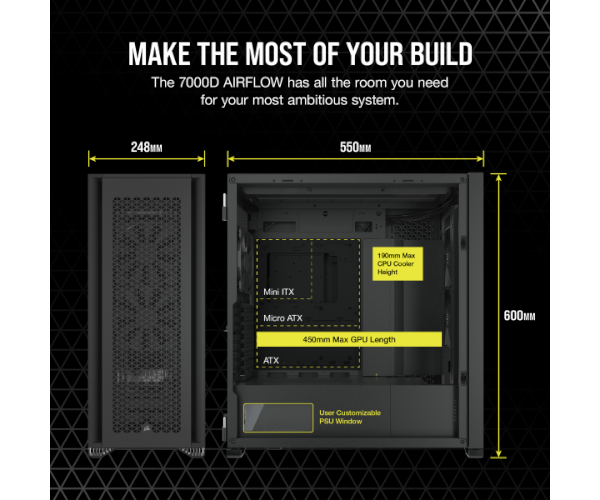 מארז מחשב CORSAIR 7000D AIRFLOW Full Tower – תאימות ATX / micro-ATX / mini-ITX – קירור נוזלי עד 480 מ"מ – צבע שחור
