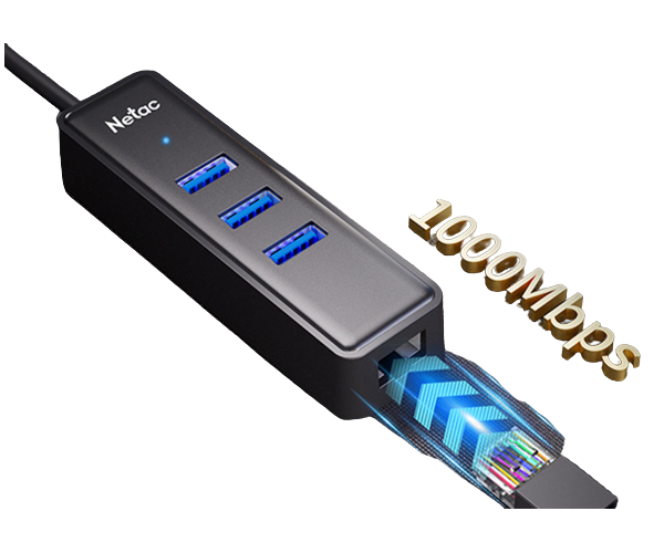 מתאם רשת ומפצל USB Netac – ממשק USB – מהירות 10/100/1000Mbps – 3 יציאות USB 3.0 – שנת אחריות