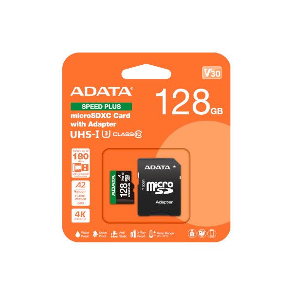 כרטיס זיכרון ADATA microSDXC – נפח 128GB – תקן UHS-I U3 Class 10 – כולל מתאם SD