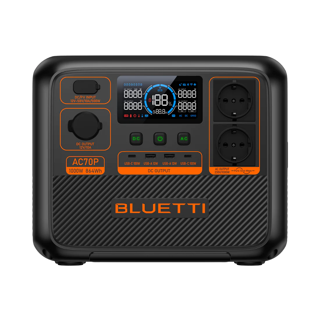 תחנת כוח ניידת BLUETTI AC70P 1000W 864Wh 8 יציאות סוללת LiFePO4 באחריות יבואן רשמי ל-24 חודשים