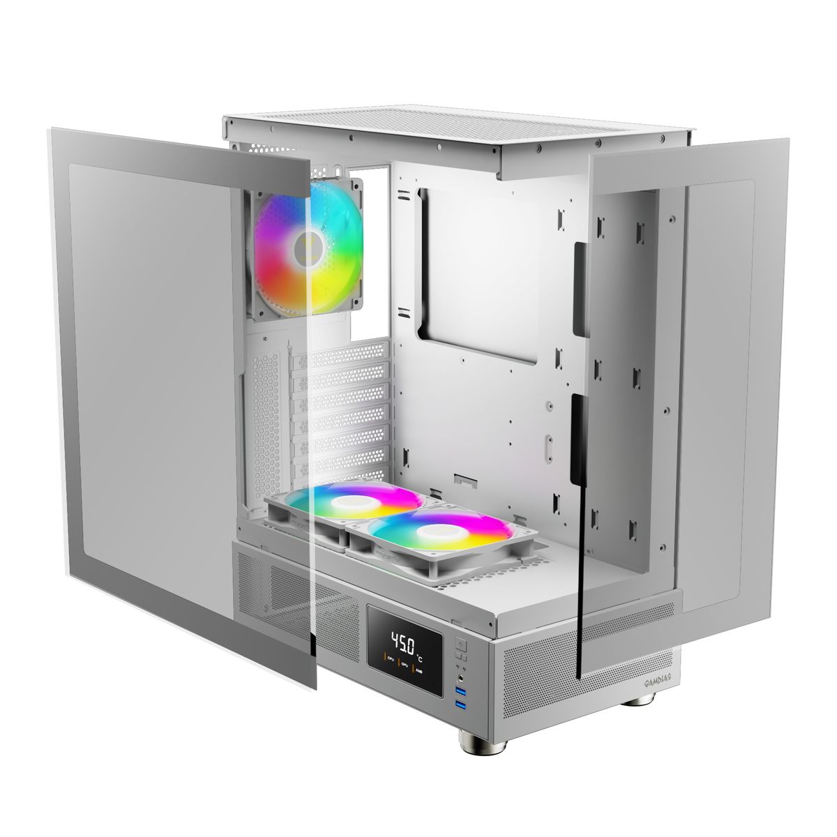 מארז מחשב GAMDIAS ATLAS E1 WHITE Mid-Tower ATX מזכוכית מחוסמת 2x120mm ARGB מאווררים באחריות יבואן רשמי