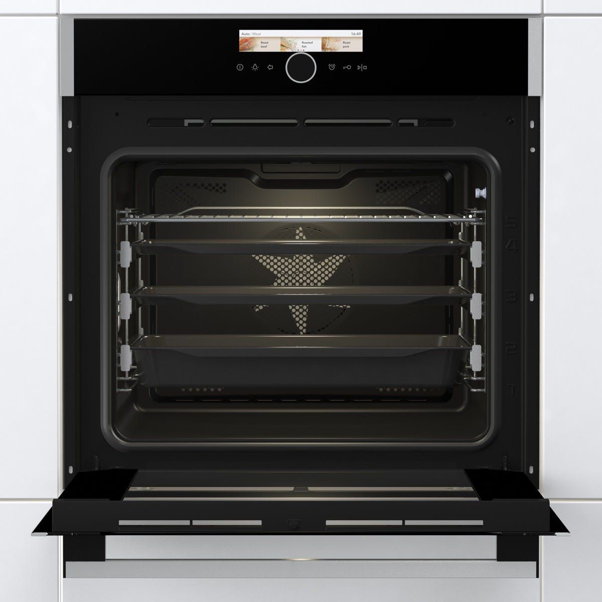 תנור בנוי  gorenje פירוליטי 60 סמ נירוסטה בשילוב זכוכית שחורה דגם BOP798S54X