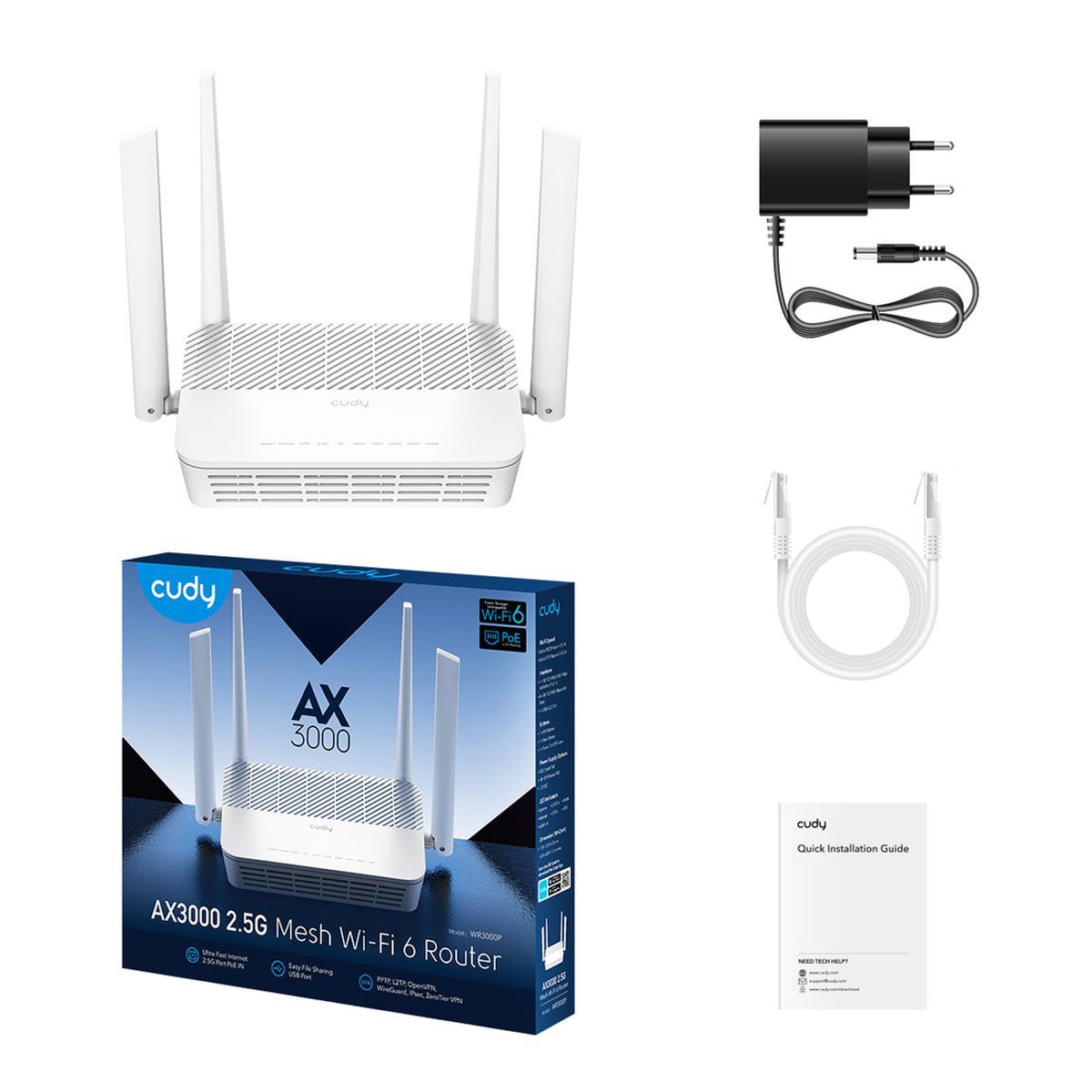 נתב Cudy WR3000P AX3000 Wi-Fi 6 – מהירות עד 3000Mbps – תקן Wi-Fi 6 – יציאת WAN 2.5G עם PoE – 4 יציאות Gigabit