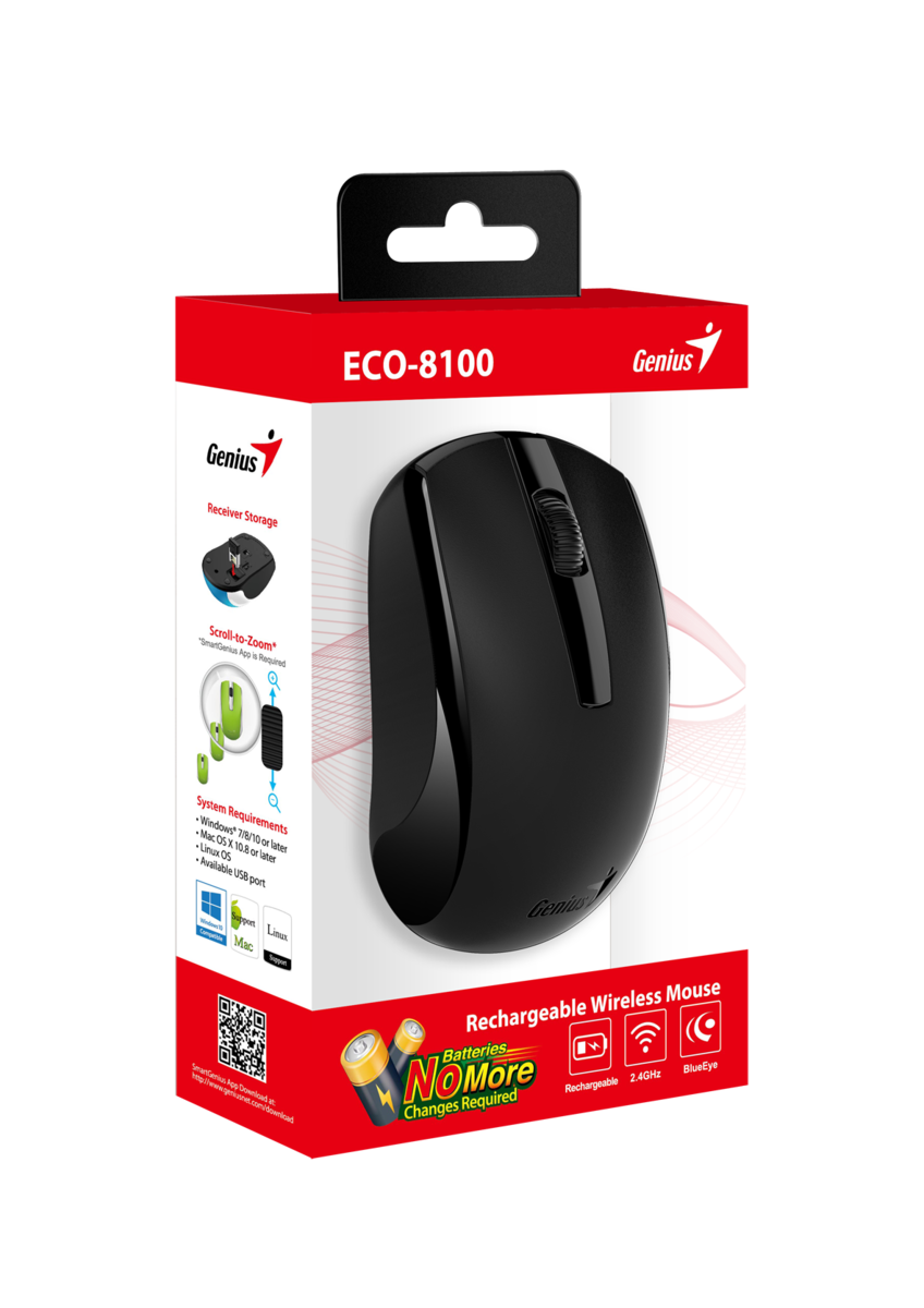 עכבר אלחוטי Genius ECO-8100 – נטען – 2.4GHz – 1200 DPI – שחור