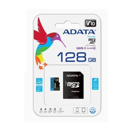 כרטיס זיכרון ADATA microSD – נפח 128GB – תקן UHS-I Class 10 V10 – קריאה עד 100MB/s – כתיבה עד 25MB/s – כולל מתאם SD