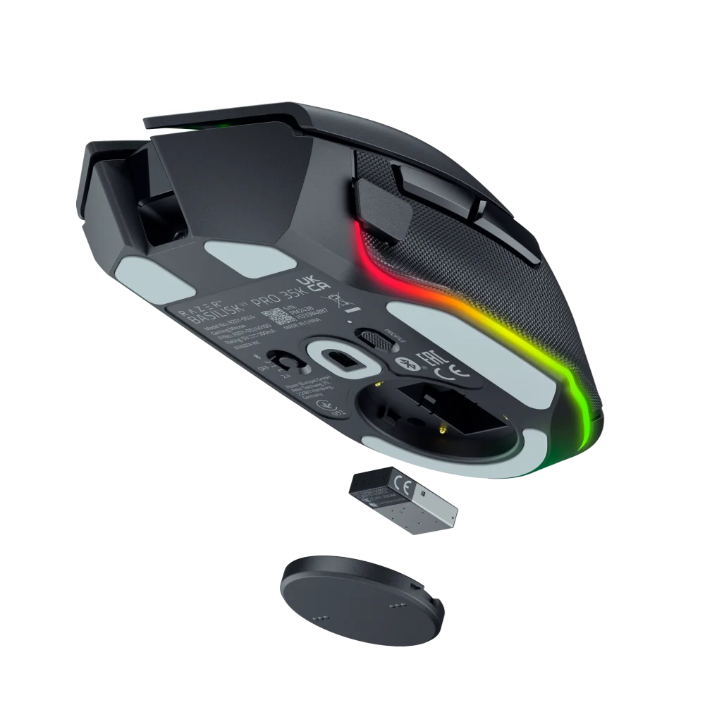 עכבר גיימינג אלחוטי Razer Basilisk V3 Pro 35K – חיישן Focus Pro 35K דור 2 – גלגלת HyperScroll ב-4 כיוונים – שלושה מצבי חיבור – 13 אזורי תאורה – צבע שחור