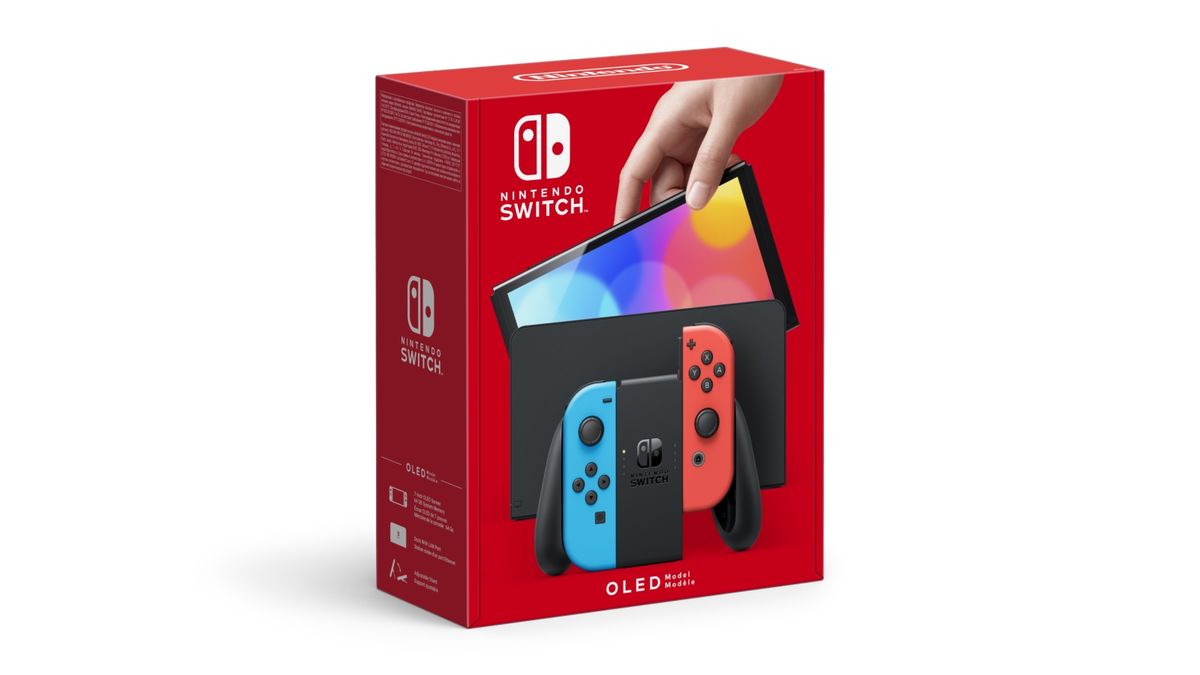 קונסולה Nintendo Switch OLED – מסך מגע OLED 7" – רזולוציה 1280x720 (עד 1080p בטלוויזיה) – אחסון 64GB – סוללה 4310mAh עד 9 שעות – Joy-Con כחול/אדום