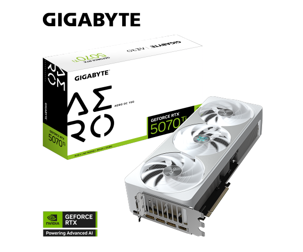 כרטיס מסך GIGABYTE GeForce RTX 5070 Ti AERO OC – זכרון 16GB GDDR7 – תדר Boost 2588MHz – PCIe 5.0 x16 – אורך 340 מ"מ