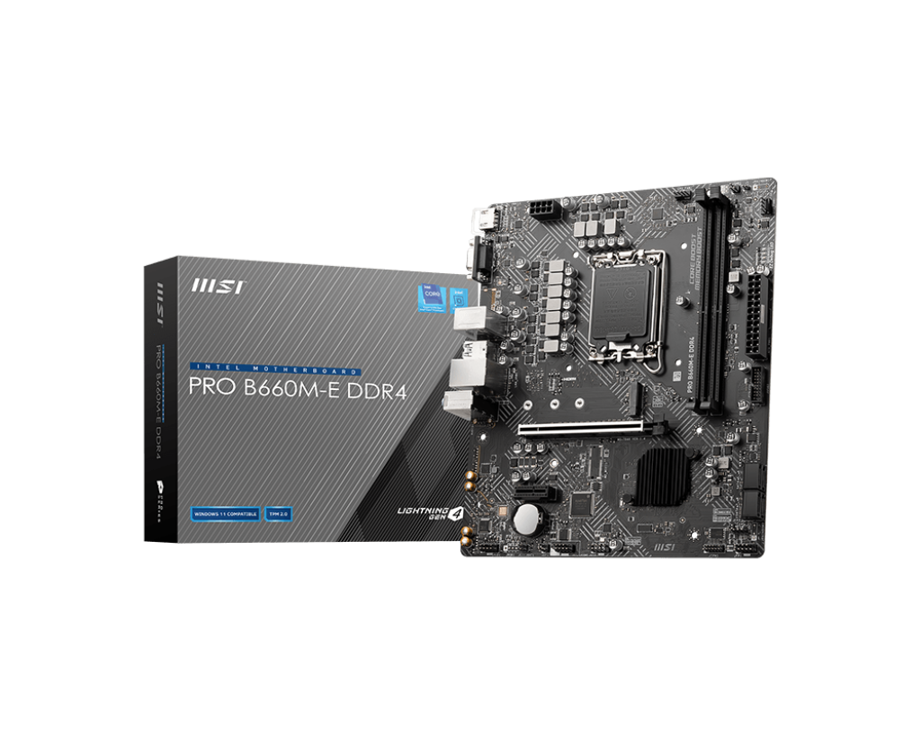 לוח אם MSI PRO B760M-E DDR5 – ערכת שבבים Intel B760 – תושבת LGA1700 – זיכרון DDR5 עד 96GB ב-2 חריצים – חריץ M.2 – 4 יציאות SATA III