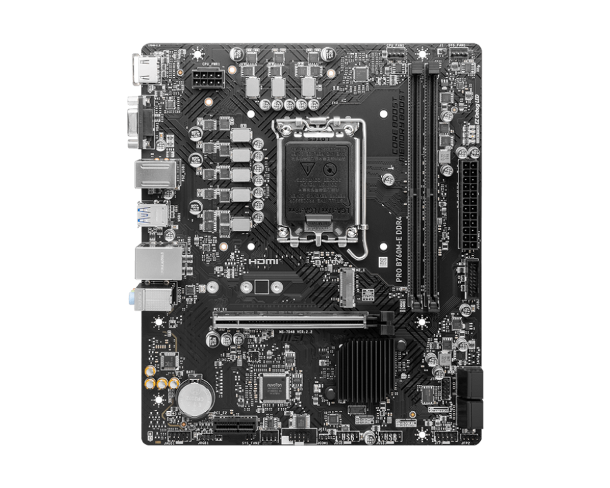 לוח אם MSI PRO B760M-E DDR5 – ערכת שבבים Intel B760 – תושבת LGA1700 – זיכרון DDR5 עד 96GB ב-2 חריצים – חריץ M.2 – 4 יציאות SATA III