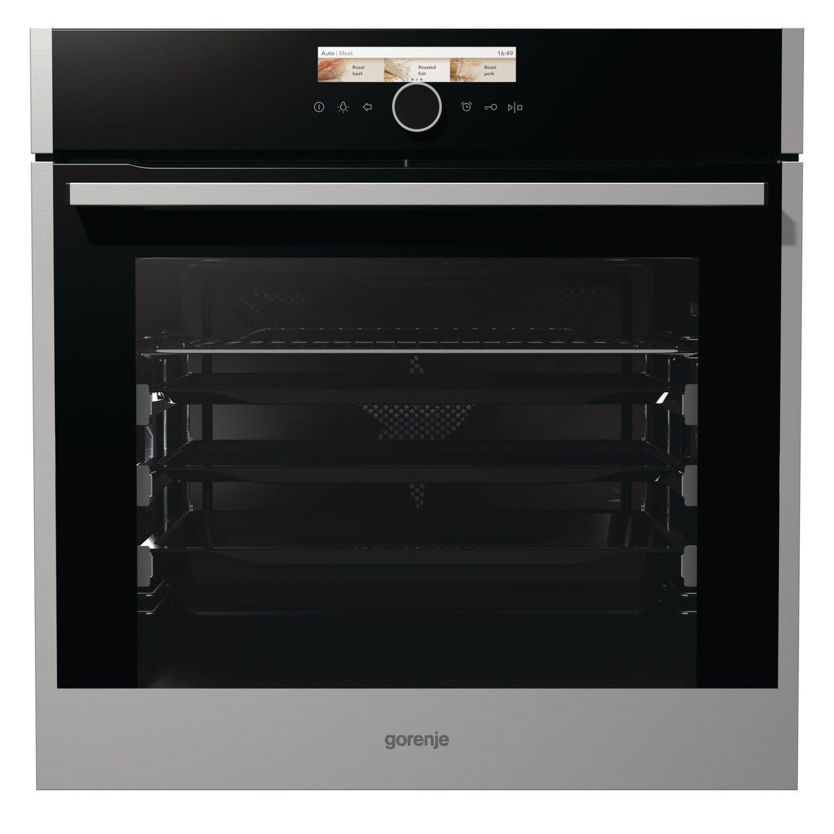 תנור בנוי  gorenje פירוליטי 60 סמ נירוסטה בשילוב זכוכית שחורה דגם BOP798S54X