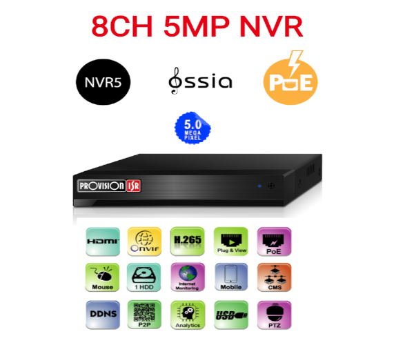 מערכת הקלטה לשמונה מצלמות Provision 5mp NVR5-8200PX POE