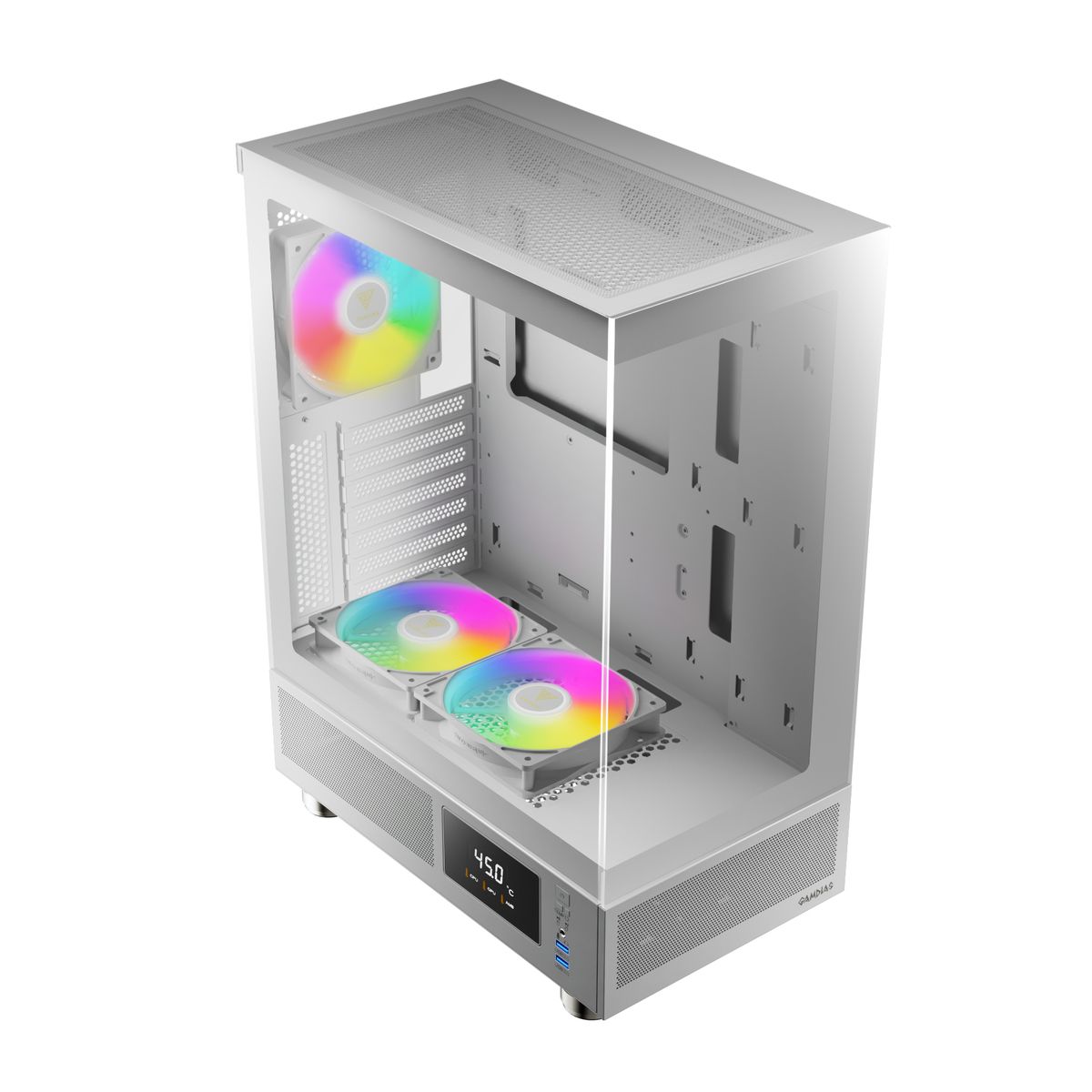 מארז מחשב GAMDIAS ATLAS E1 WHITE Mid-Tower ATX מזכוכית מחוסמת 2x120mm ARGB מאווררים באחריות יבואן רשמי