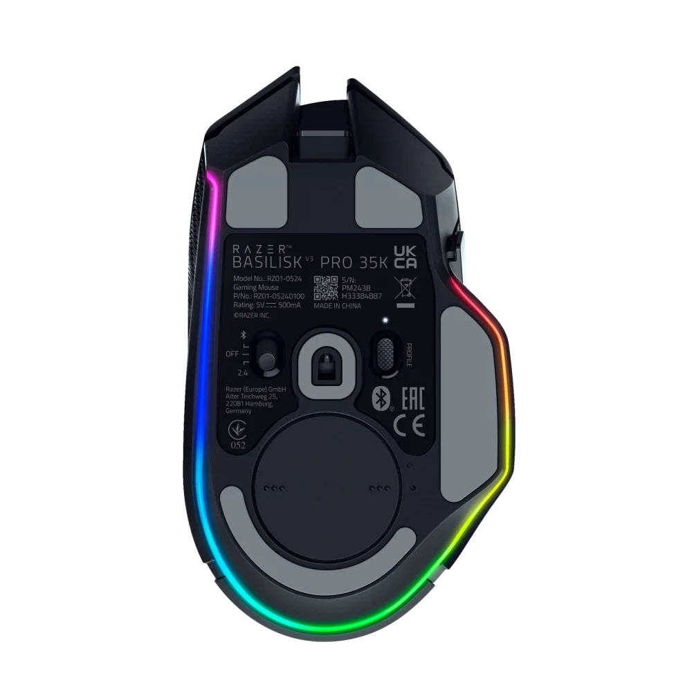 עכבר גיימינג אלחוטי Razer Basilisk V3 Pro 35K – חיישן Focus Pro 35K דור 2 – גלגלת HyperScroll ב-4 כיוונים – שלושה מצבי חיבור – 13 אזורי תאורה – צבע שחור