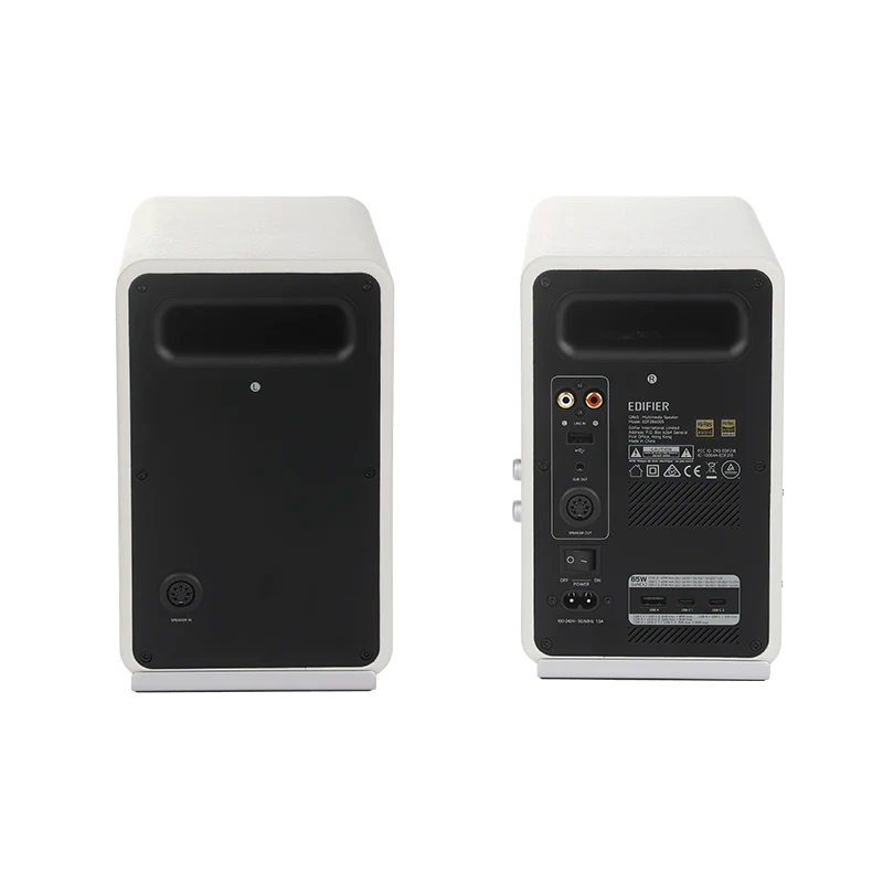 רמקולי מוניטור אקטיביים Edifier QR65 – הספק טווח גבוה 15W×2 וטווח נמוך 20W×2 – תגובת תדר 55Hz-40kHz – חיבורי Bluetooth, USB-A ו-RCA – כולל מטען GaN 65W – צבע לבן