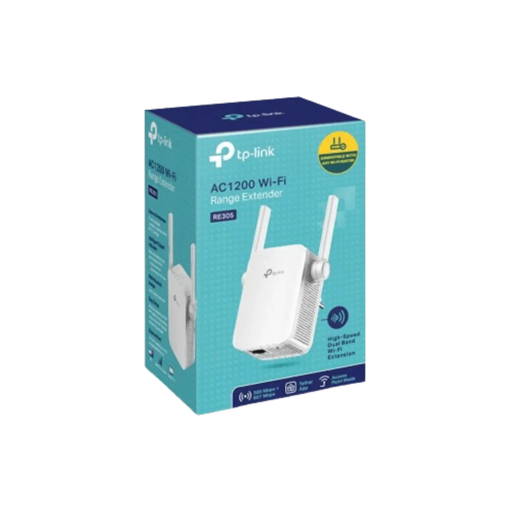 מגדיל טווח TP-Link RE305 – AC1200 דו-תדרי – עד 1200Mbps – יציאת רשת קווית – 2 אנטנות חיצוניות – לבן