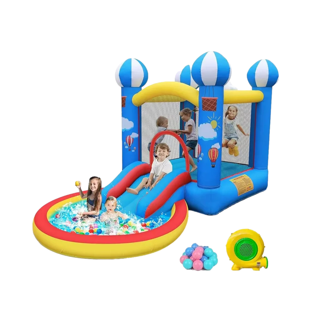 מתקן מתנפח לגינה MIRAJUMP – דגם MJ68 טירת הכדורים – מגלשה ואזור קפיצה – מפוח 550W