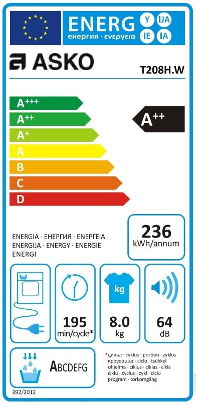 מייבש כביסה Heat Pump  ASKO לבן 8 קג דגם T208H.W