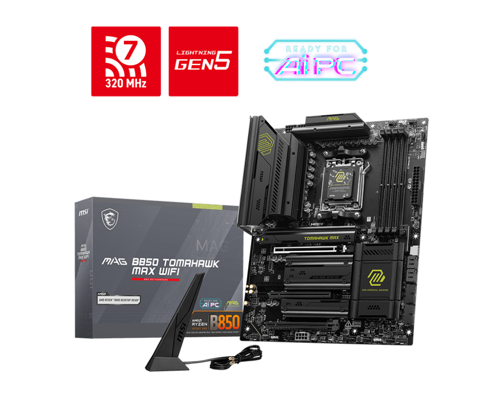 לוח אם MSI MAG B850 TOMAHAWK MAX WIFI AM5 DDR5 WiFi 7 Bluetooth 5.4 4x M.2 4x SATA III באחריות יבואן רשמי