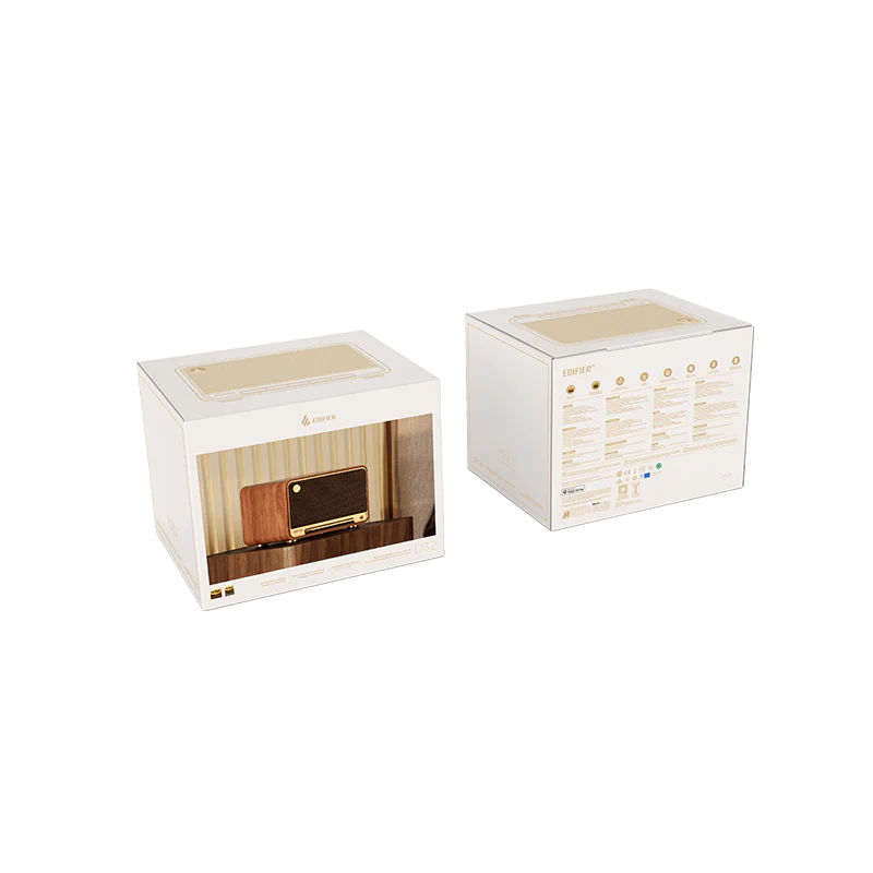 רמקול שולחני אלחוטי Edifier D32 – הספק טווח גבוה 15W×2 וטווח נמוך 30W – תגובת תדר 52Hz-40kHz – Bluetooth 5.3 ו-Wi-Fi AirPlay – חיבורי USB-C ו-AUX – צבע חום