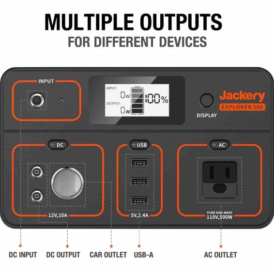 תחנת כוח ניידת Jackery Explorer 500 – קיבולת 518Wh – הספק 500W – מהפך גל סינוס טהור – משקל 6.04 ק"ג – אחריות שנתיים