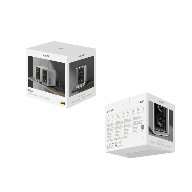 רמקולי מוניטור אקטיביים Edifier QR65 – הספק טווח גבוה 15W×2 וטווח נמוך 20W×2 – תגובת תדר 55Hz-40kHz – חיבורי Bluetooth, USB-A ו-RCA – כולל מטען GaN 65W – צבע לבן