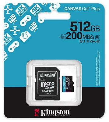 כרטיס זיכרון Kingston Canvas Go Plus G4 microSDXC בנפח 512GB במהירות 200MB/s (A2 U3 V30) כולל מתאם