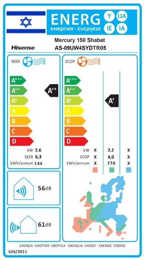 מזגן עילי Hisense Inverter Mercury 150 Shabat
