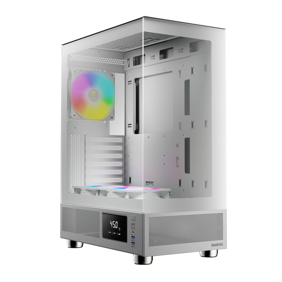 מארז מחשב GAMDIAS ATLAS E1 WHITE Mid-Tower ATX מזכוכית מחוסמת 2x120mm ARGB מאווררים באחריות יבואן רשמי