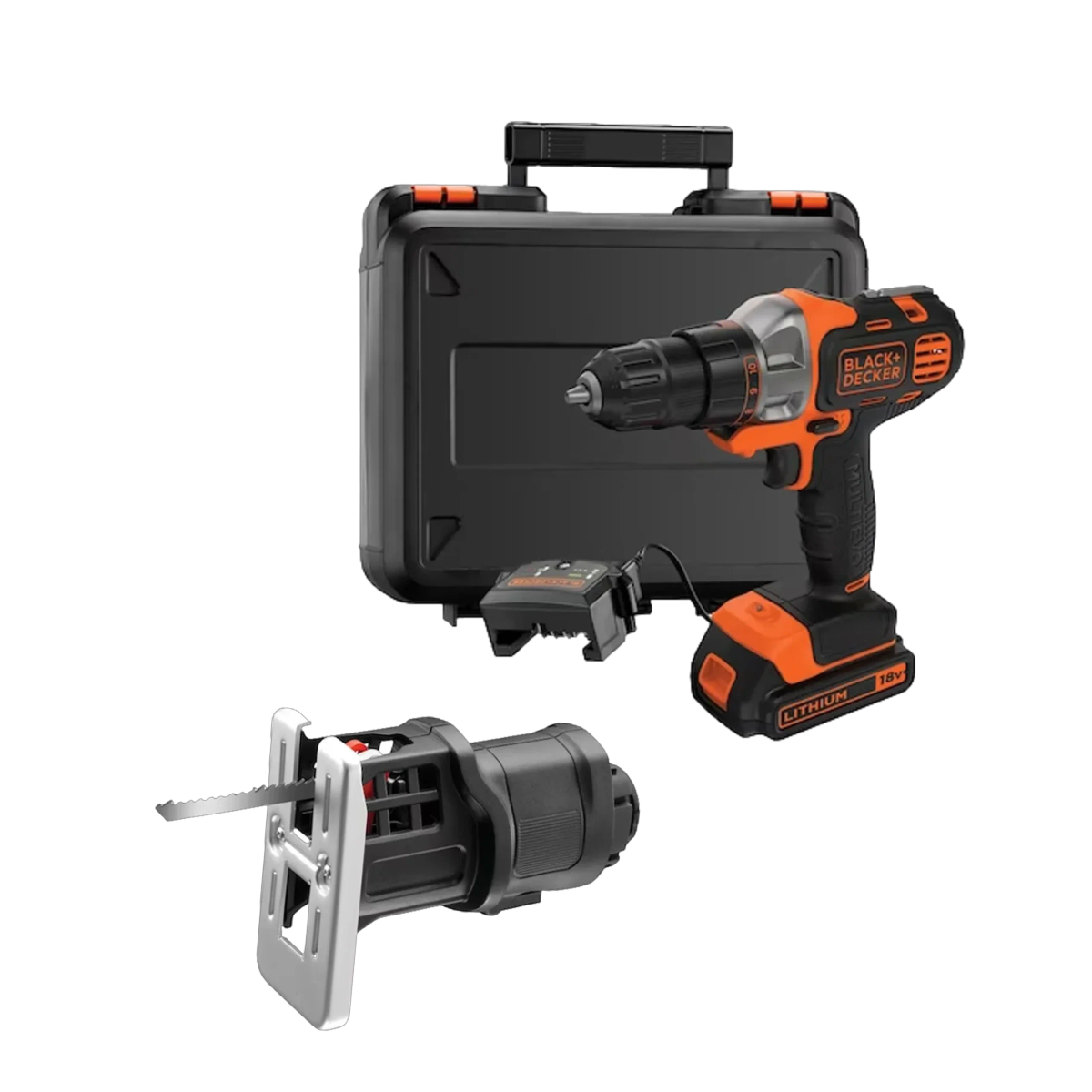 באנדל מקדחה מברגה MULTIEVO 18V עם ראש מסור אנכי מבית Black+Decker