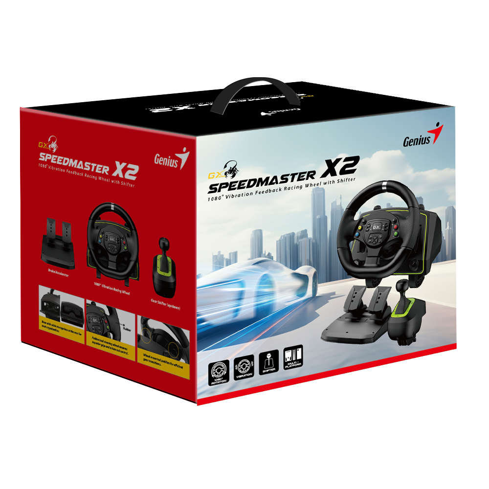 הגה מרוצים GENIUS SpeedMaster X2 270 מעלות עם דוושות וידית הילוכים למחשב ומשחקי וידאו באחריות יבואן רשמי
