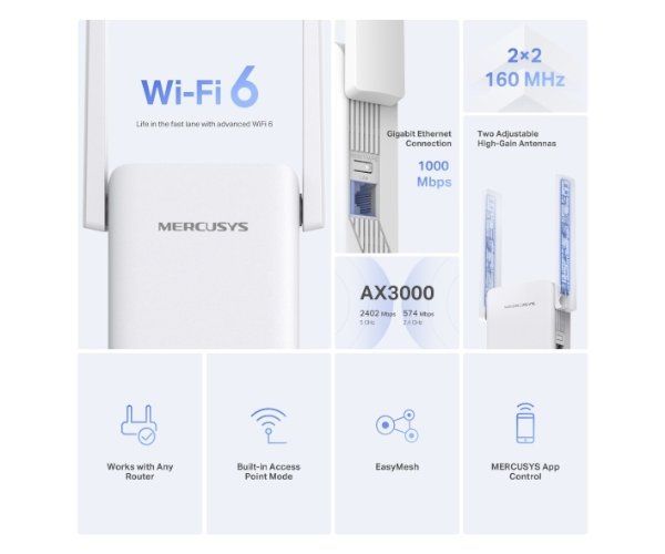 מגדיל טווח MERCUSYS ME80X AX3000 WiFi 6 Gigabit