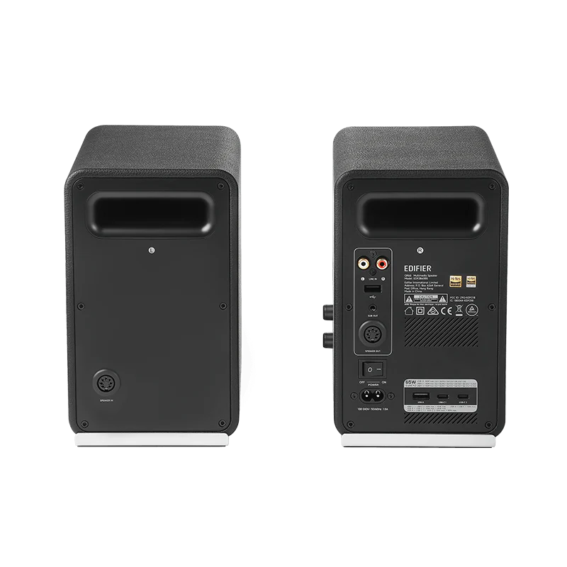 רמקולי מוניטור אקטיביים Edifier QR65 – הספק טווח גבוה 15W×2 וטווח נמוך 20W×2 – תגובת תדר 55Hz-40kHz – חיבורי Bluetooth, USB-A ו-RCA – כולל מטען GaN 65W – צבע שחור
