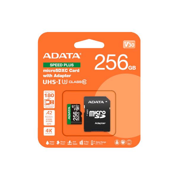 כרטיס זיכרון ADATA SPEED PLUS – קיבולת 256GB – microSDXC UHS-I U3 Class 10 V30 A2 – כולל מתאם SD – אחריות לכל החיים