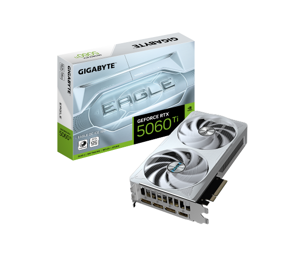 כרטיס מסך Gigabyte GeForce RTX 5060 Ti Eagle OC ICE – זיכרון 16GB GDDR7 – ממשק PCIe 5.0 x8 – תדר 2617MHz – אורך 215 מ"מ – לבן