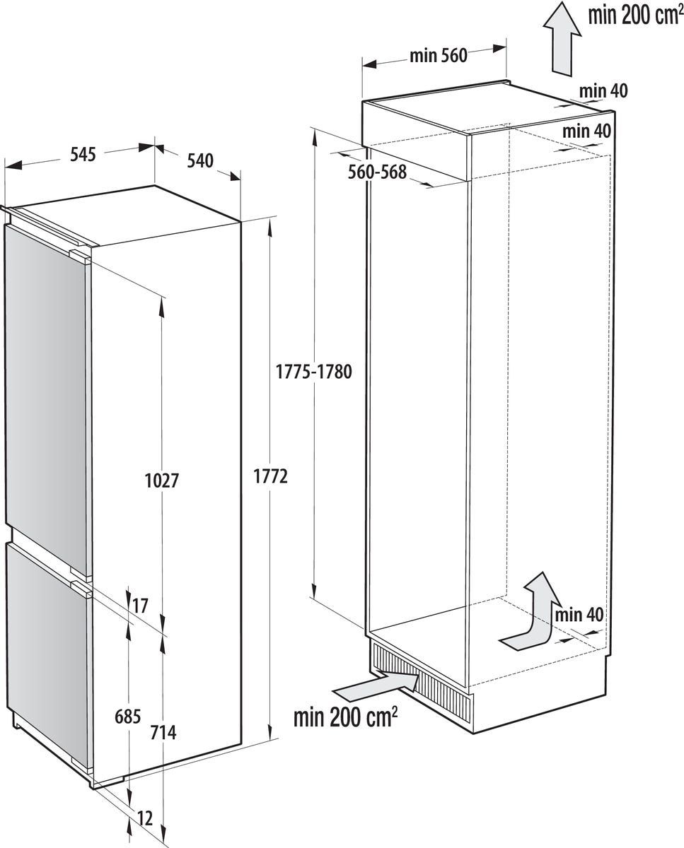 מקרר אינטגרלי gorenje מקפיא תחתון 252 ליטר דגם NRKI517E62WF