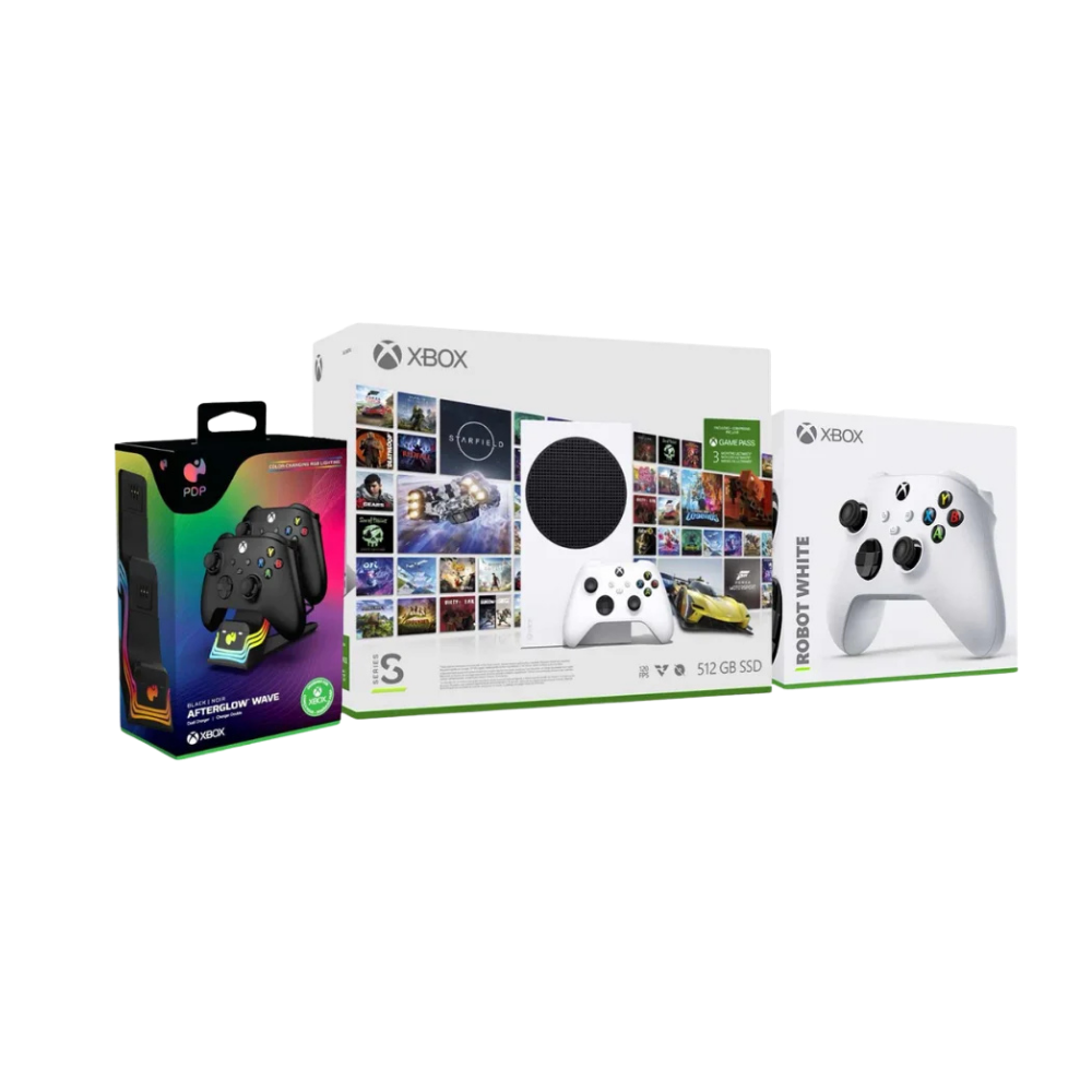 חבילת XBOX SERIES S הכוללת זוג בקרים לבנים+3 חודשי GAME PASS ULTIMATE+מטען כפול של PDP