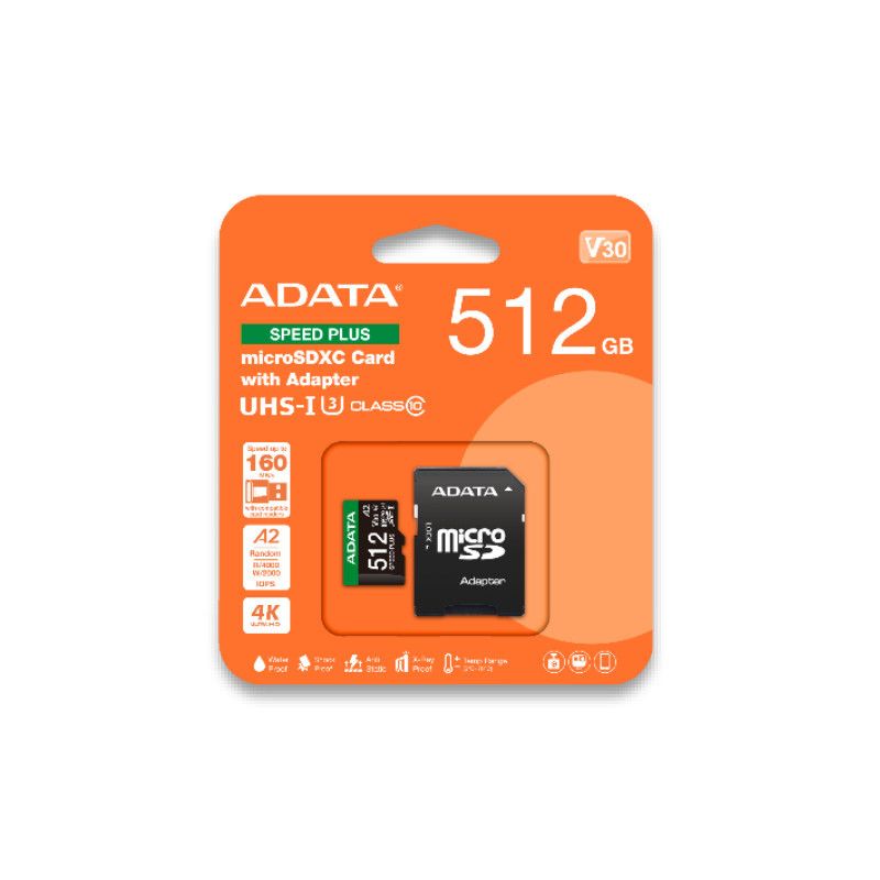 כרטיס זיכרון ADATA SPEED PLUS – קיבולת 512GB – microSDXC UHS-I U3 Class 10 V30 A2 – כולל מתאם SD – אחריות לכל החיים