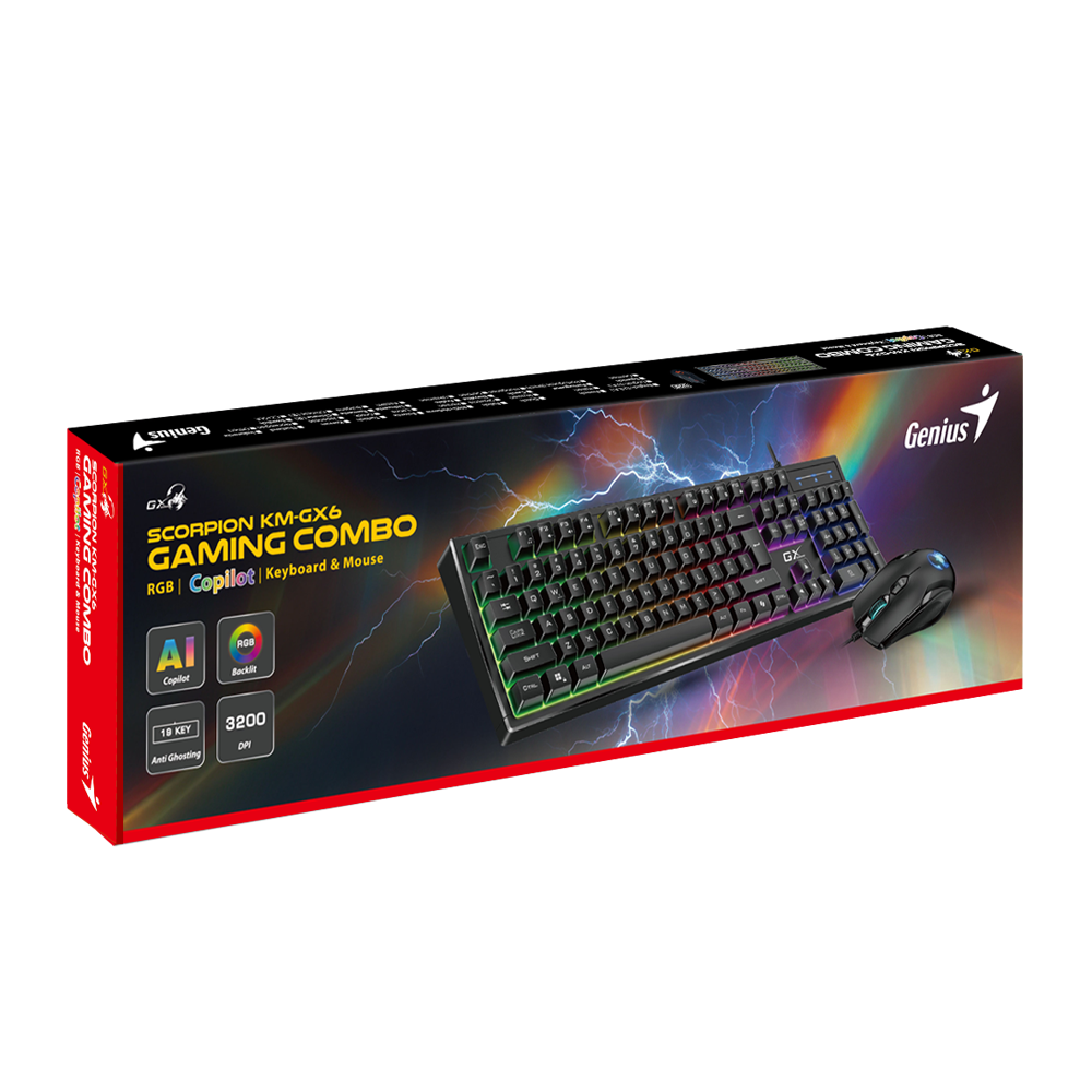 סט מקלדת ועכבר גיימינג Genius Scorpion KM-GX6 RGB 7 אזורים 19 כפתורי אנטי גוסטינג USB שחור באחריות יבואן רשמי