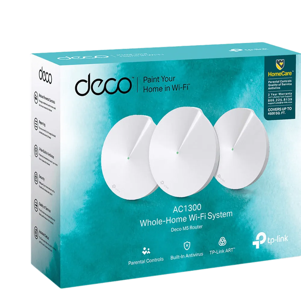 מערכת Mesh TP-Link Deco M5 – AC1300 – 3 יחידות – עד 185 מ"ר ליחידה – אבטחת HomeCare – לבן