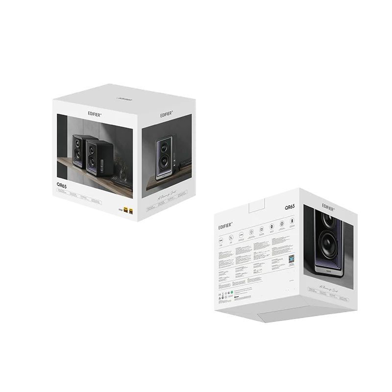 רמקולי מוניטור אקטיביים Edifier QR65 – הספק טווח גבוה 15W×2 וטווח נמוך 20W×2 – תגובת תדר 55Hz-40kHz – חיבורי Bluetooth, USB-A ו-RCA – כולל מטען GaN 65W – צבע שחור